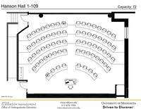 Plan view of the classroom that provides room capacity, seating locations and exits.