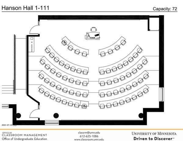 Plan view of the classroom that provides room capacity, seating locations and exits. A QR code links to room schedule and contact information is in the footer