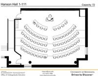 Plan view of the classroom that provides room capacity, seating locations and exits. A QR code links to room schedule and contact information is in the footer