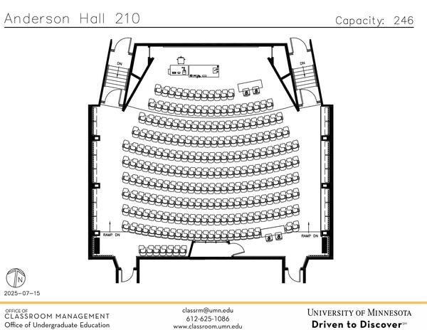 Plan view of the classroom that provides room capacity, seating locations and exits. 