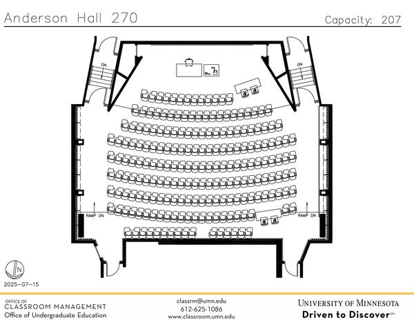 Plan view of the classroom that provides room capacity, seating locations and exits.
