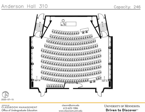 Plan view of the classroom that provides room capacity, seating locations and exits. Contact information is in the footer