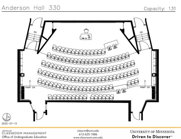 Plan view of the classroom that provides room capacity, seating locations and exits. Contact information is in the footer