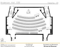 Plan view of the classroom that provides room capacity, seating locations and exits. Contact information is in the footer