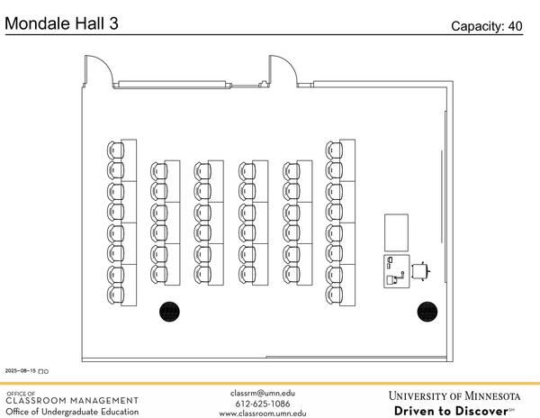 Plan view of the classroom that provides room capacity, seating locations and exits. 