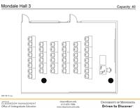 Plan view of the classroom that provides room capacity, seating locations and exits. 