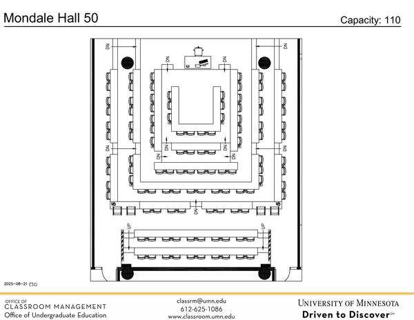 Plan view of the classroom that provides room capacity, seating locations and exits.