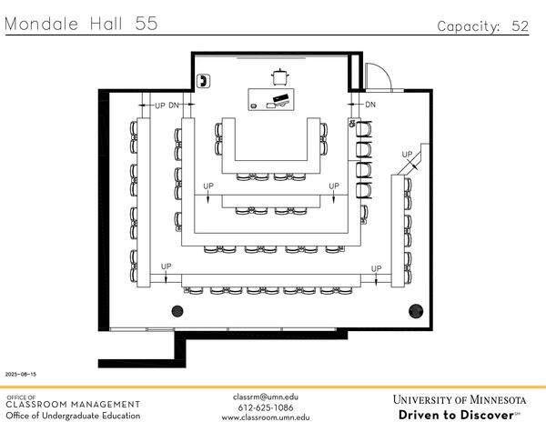 Plan view of the classroom that provides room capacity, seating locations and exits.