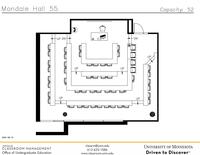 Plan view of the classroom that provides room capacity, seating locations and exits.