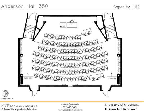 Plan view of the classroom that provides room capacity, seating locations and exits. Contact information is in the footer