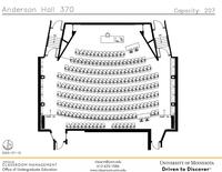 Plan view of the classroom that provides room capacity, seating locations and exits. Contact information is in the footer