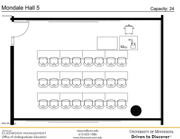 Plan view of the classroom that provides room capacity, seating locations and exits. 