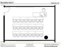 Plan view of the classroom that provides room capacity, seating locations and exits. 