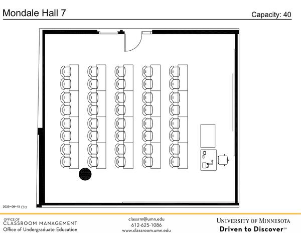 Plan view of the classroom that provides room capacity, seating locations and exits. 