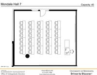 Plan view of the classroom that provides room capacity, seating locations and exits. 