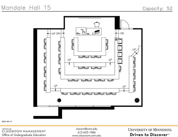 Plan view of the classroom that provides room capacity, seating locations and exits. 