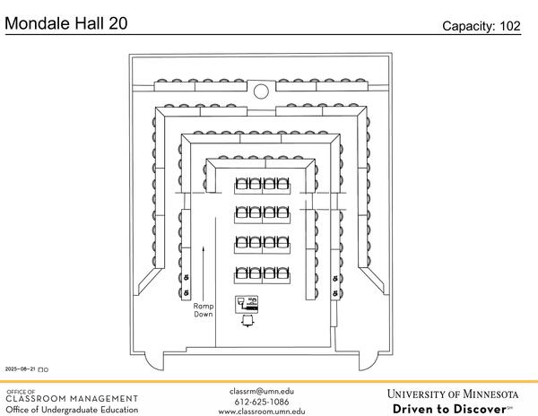Plan view of the classroom that provides room capacity, seating locations and exits. 