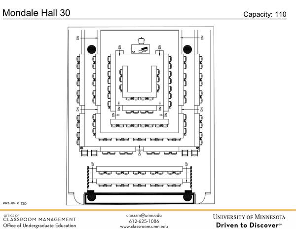 Plan view of the classroom that provides room capacity, seating locations and exits. 