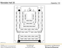 Plan view of the classroom that provides room capacity, seating locations and exits. 