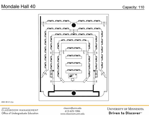 Plan view of the classroom that provides room capacity, seating locations and exits.