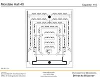 Plan view of the classroom that provides room capacity, seating locations and exits.