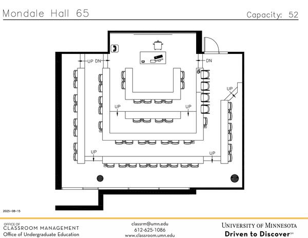 Plan view of the classroom that provides room capacity, seating locations and exits.