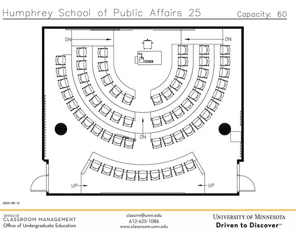 Plan view of the classroom that provides room capacity, seating locations and exits.