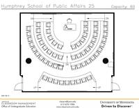 Plan view of the classroom that provides room capacity, seating locations and exits.