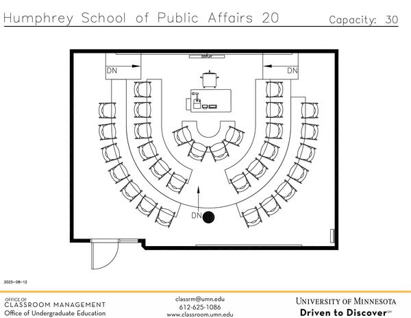 Plan view of the classroom that provides room capacity, seating locations and exits. 