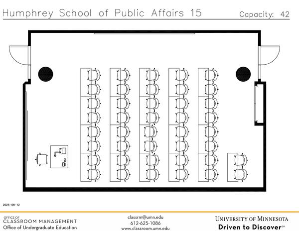 Plan view of the classroom that provides room capacity, seating locations and exits. 