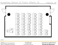 Plan view of the classroom that provides room capacity, seating locations and exits. 