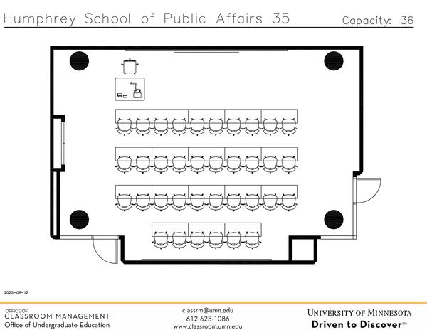 Plan view of the classroom that provides room capacity, seating locations and exits. 