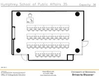 Plan view of the classroom that provides room capacity, seating locations and exits. 