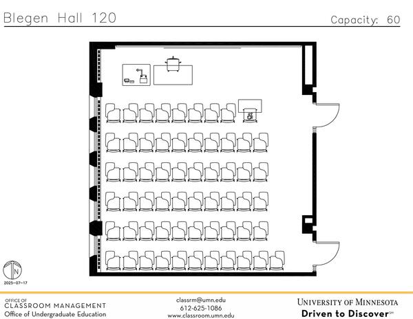 Plan view of the classroom that provides room capacity, seating locations and exits. A QR code links to room schedule and contact information is in the footer