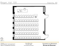 Plan view of the classroom that provides room capacity, seating locations and exits. A QR code links to room schedule and contact information is in the footer