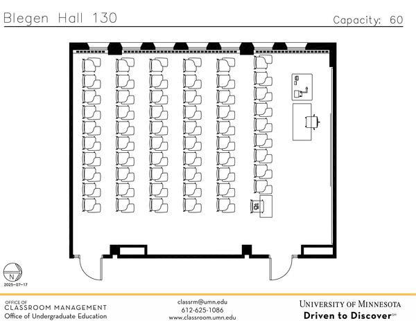 Plan view of the classroom that provides room capacity, seating locations and exits. Contact information is in the footer
