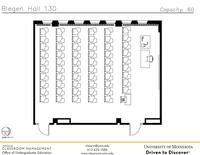 Plan view of the classroom that provides room capacity, seating locations and exits. Contact information is in the footer