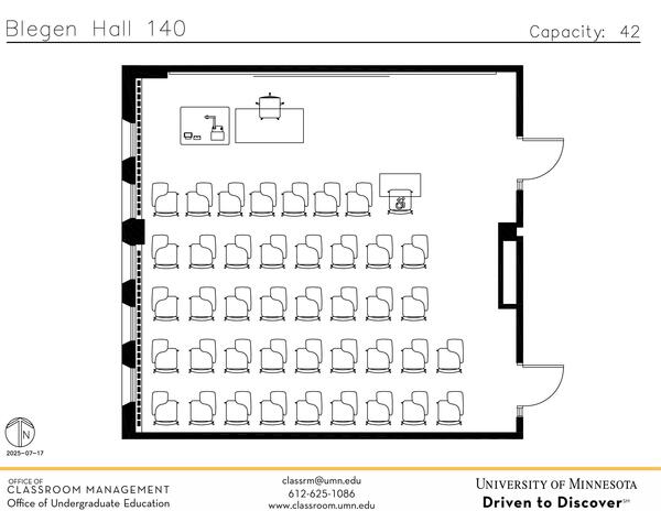 Plan view of the classroom that provides room capacity, seating locations and exits. Contact information is in the footer