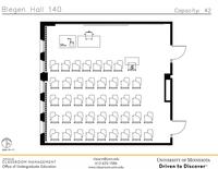 Plan view of the classroom that provides room capacity, seating locations and exits. Contact information is in the footer