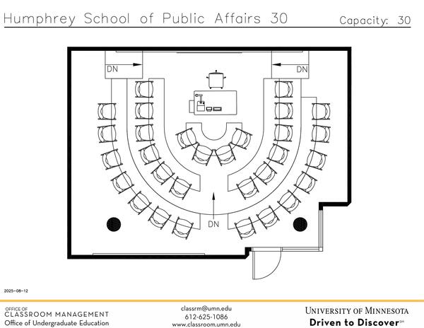 Plan view of the classroom that provides room capacity, seating locations and exits. 