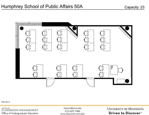 Plan view of the classroom that provides room capacity, seating locations and exits.