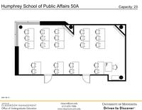 Plan view of the classroom that provides room capacity, seating locations and exits.