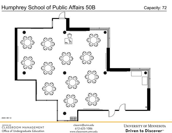 Plan view of the classroom that provides room capacity, seating locations and exits. 
