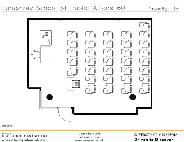 Plan view of the classroom that provides room capacity, seating locations and exits.
