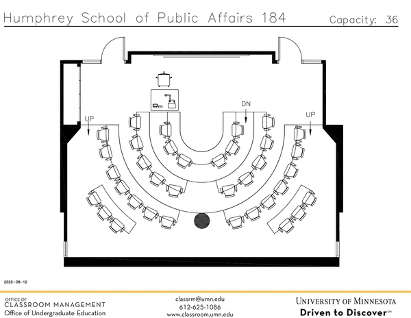 Plan view of the classroom that provides room capacity, seating locations and exits.