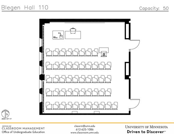 Plan view of the classroom that provides room capacity, seating locations and exits. Contact information is in the footer