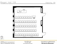 Plan view of the classroom that provides room capacity, seating locations and exits. Contact information is in the footer