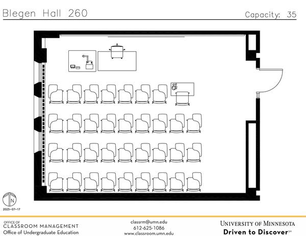 Plan view of the classroom that provides room capacity, seating locations and exits. Contact information is in the footer