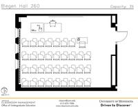 Plan view of the classroom that provides room capacity, seating locations and exits. Contact information is in the footer