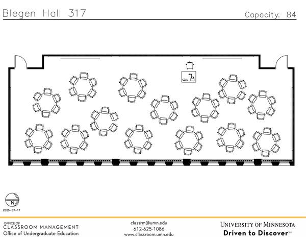Plan view of the classroom that provides room capacity, seating locations and exits. Contact information is in the footer
